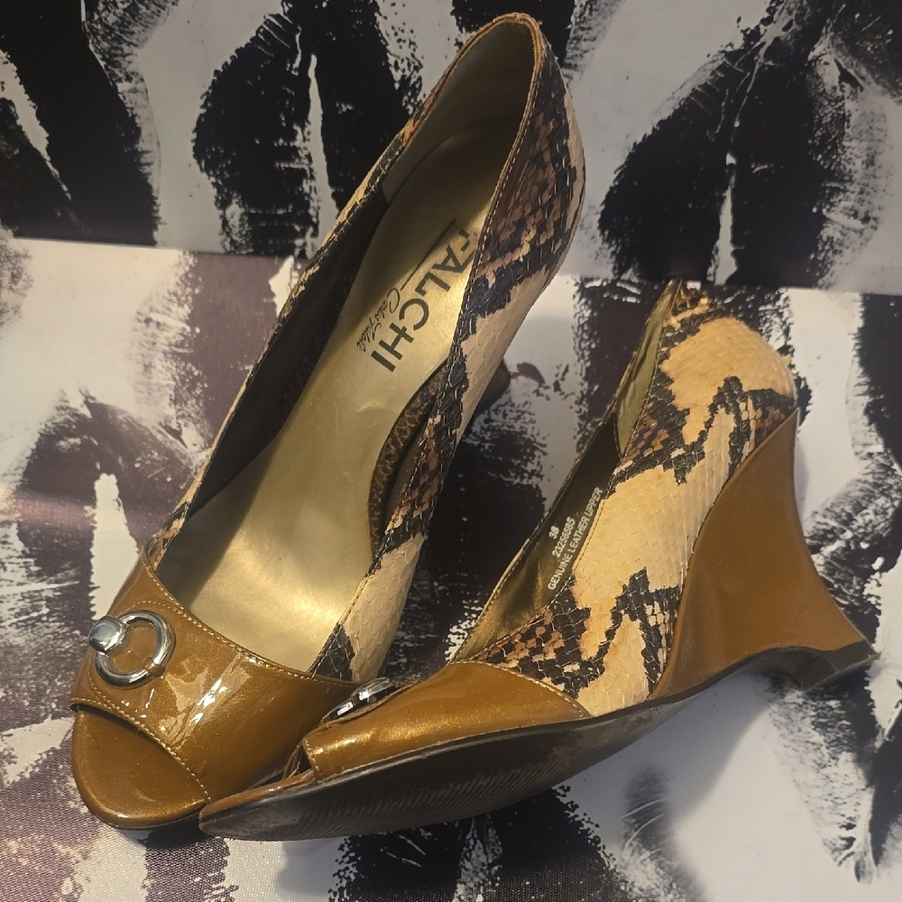 Carlos Falchi Tan and Brown Snake Print Wedges